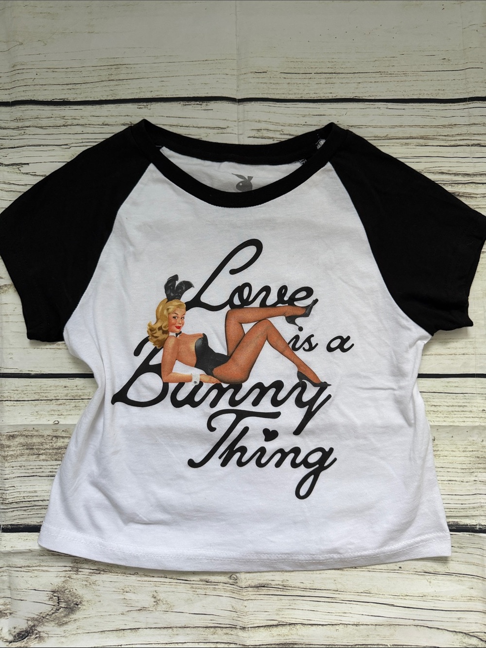 ♡ PLAYBOY Love is a Bunny Thing Black Raglan Crop Tee XL